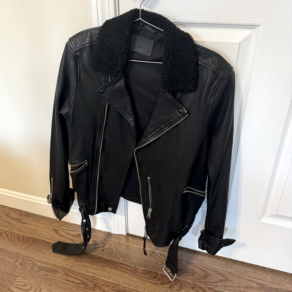 All saints leather jacket with fur collar size small